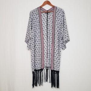 Geometric Design Open Front Fabric Cardigan Multicolored Embroidered Trim Fringe
